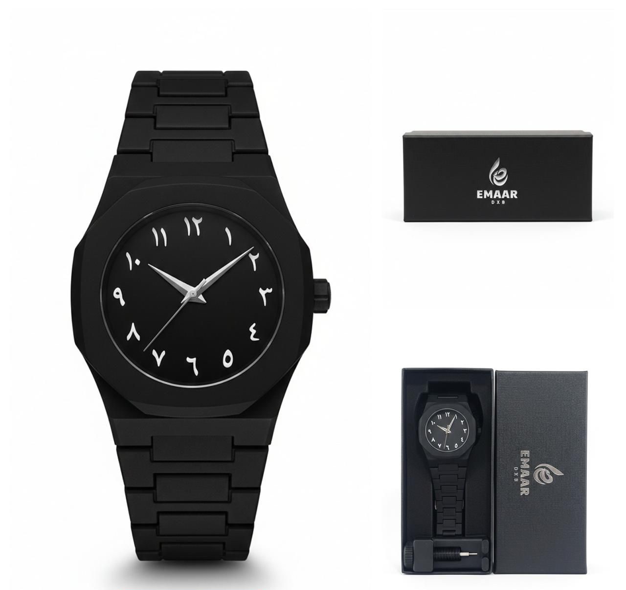 EMAAR DXB Luxury Matte Black Watch – Arabic Numerals with Box & Chain Remover
