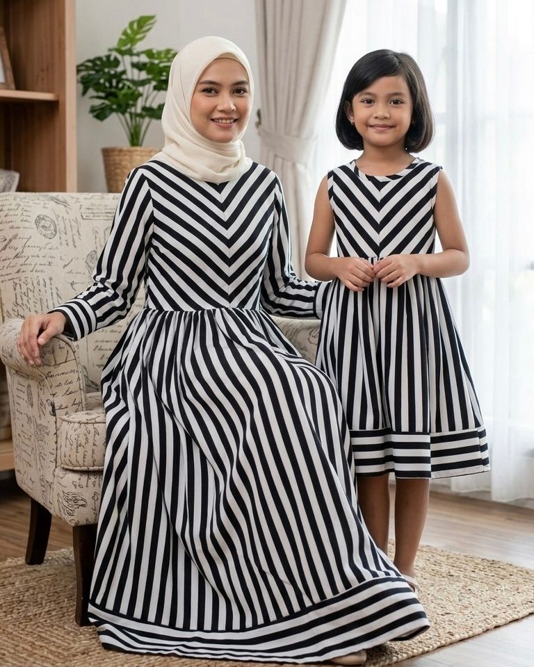 Modest Soft Linen Stripe Matching MoM and Daughter Frock Set