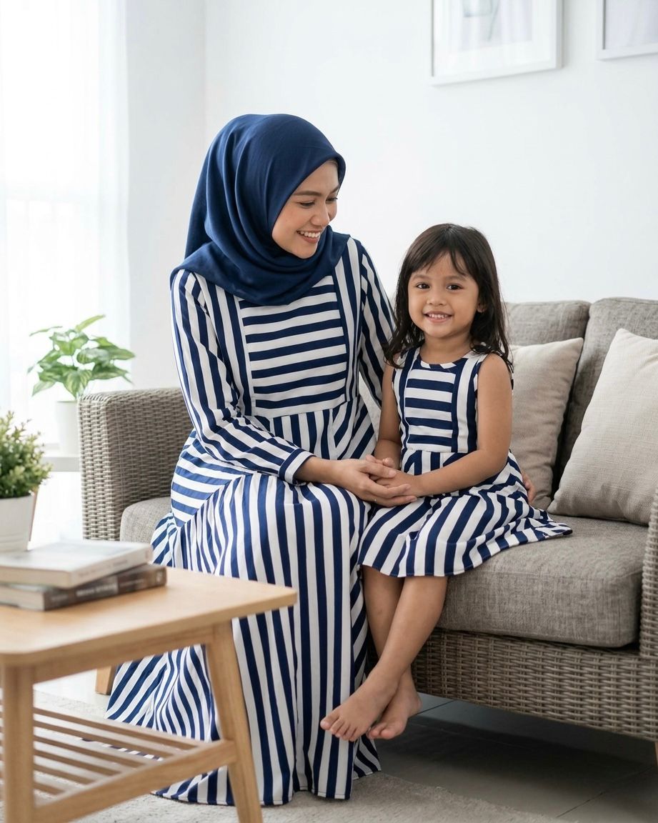 Elegant Striped Mom and Daughter Dress Set – Soft Linen Material