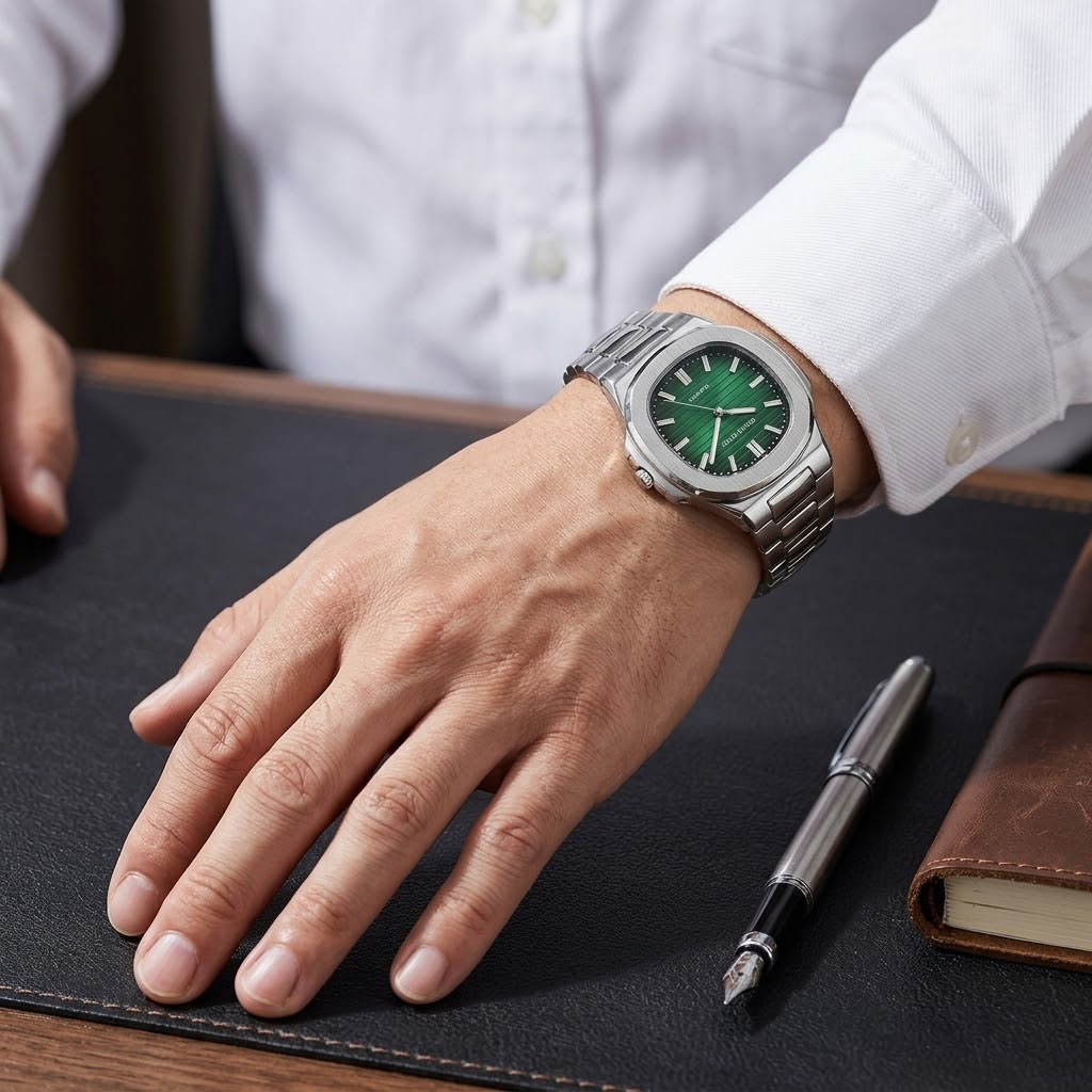 Classic Stainless Steel Mens Chain Watch with Green Dial