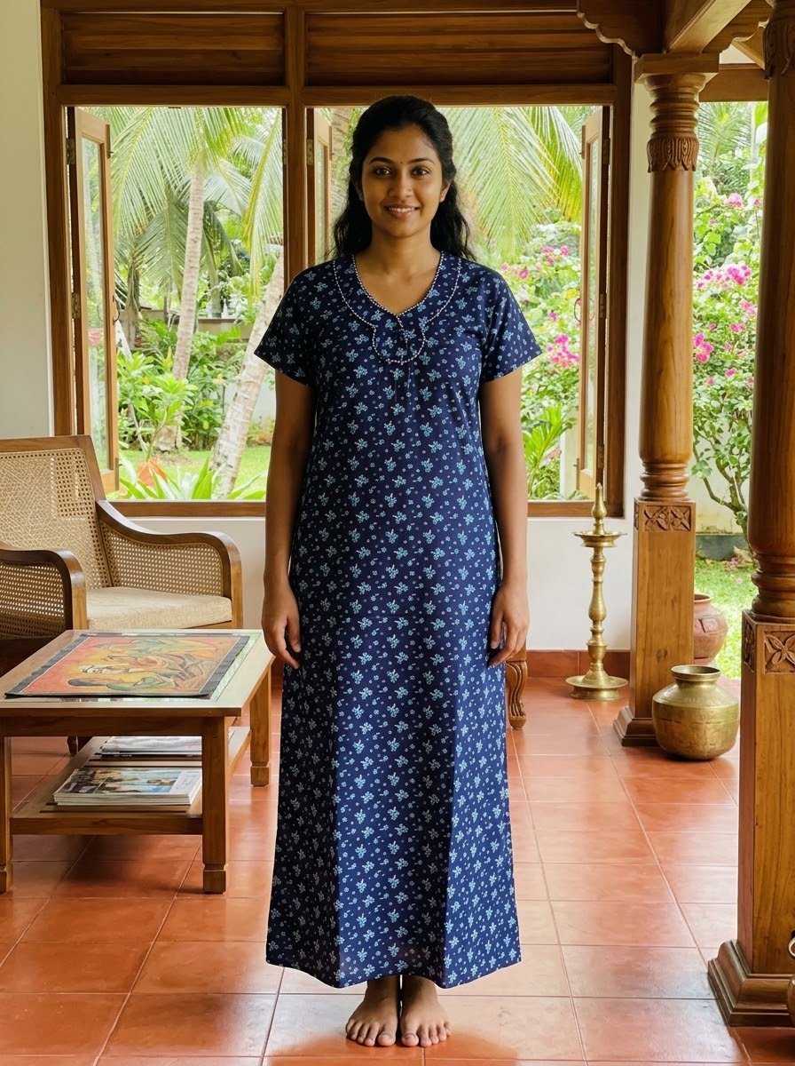 Printed Cotton Nighty with Decorative Housecoat Neck Design