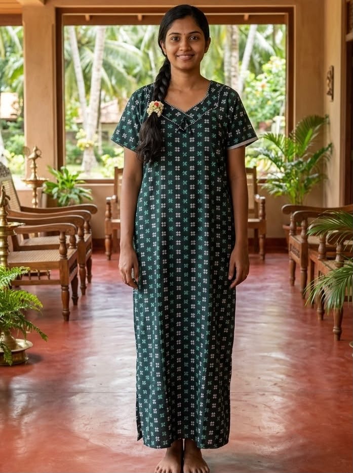 Dark Green Printed Cotton Nighty with Embroidered Neckline