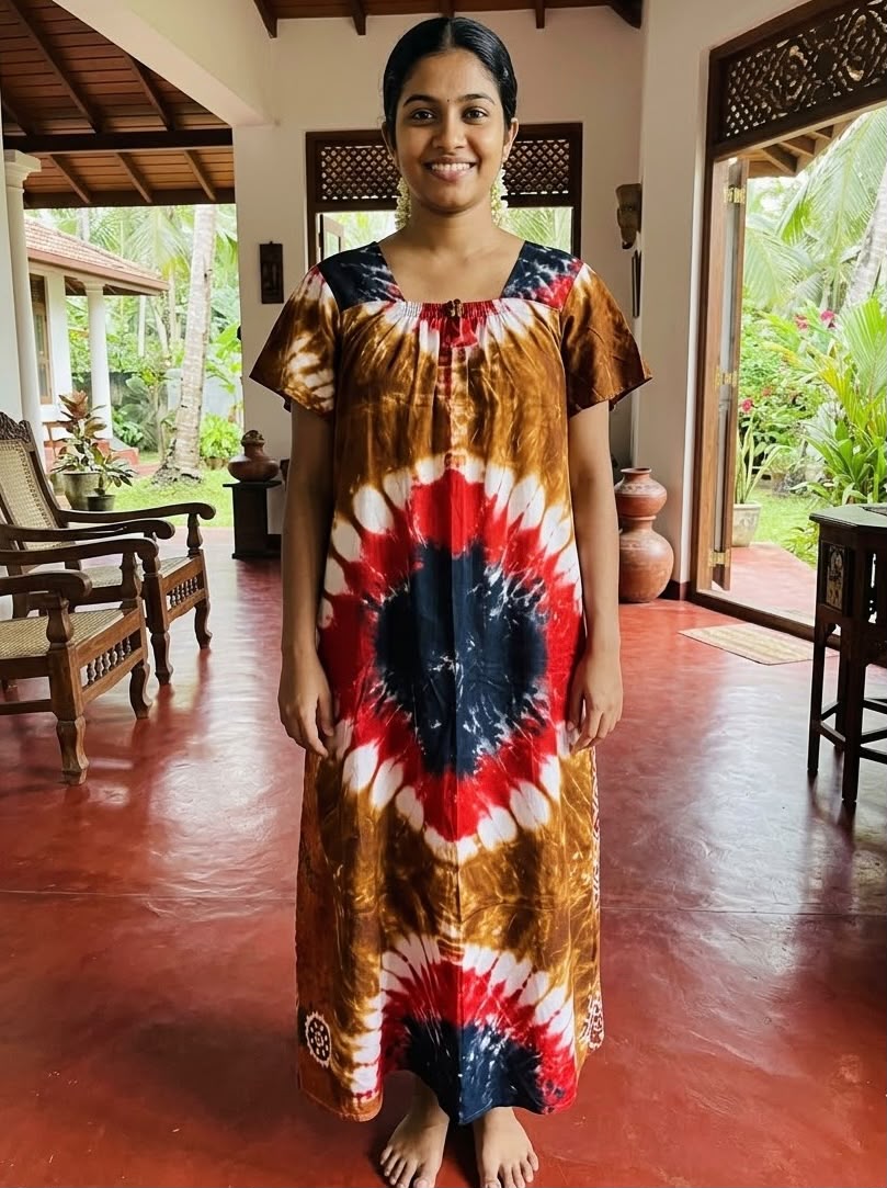 Vibrant Batik Kalki Printed Cotton Nighty – Traditional Sunburst Gown