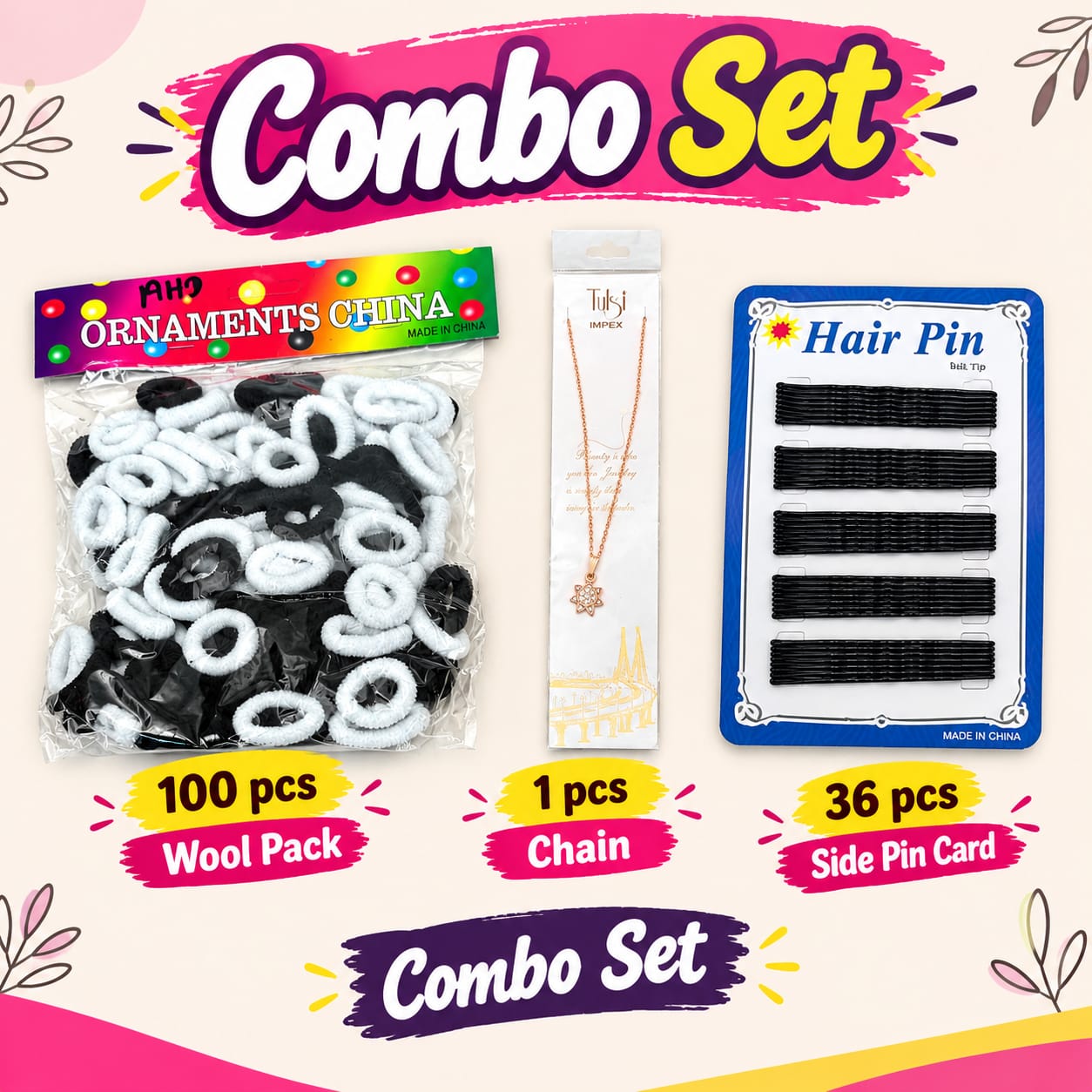 Black & White Accessories Combo Pack – Hair Bands, Pendant Chain & Bobby Pins